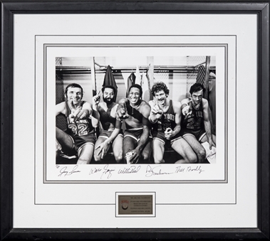1973 New York Knicks Team Signed Locker Room Celebration Photo With 5 Signatures Including Reed, Lucas & Frazier In 27x24 Framed Display (107/200) (Beckett)